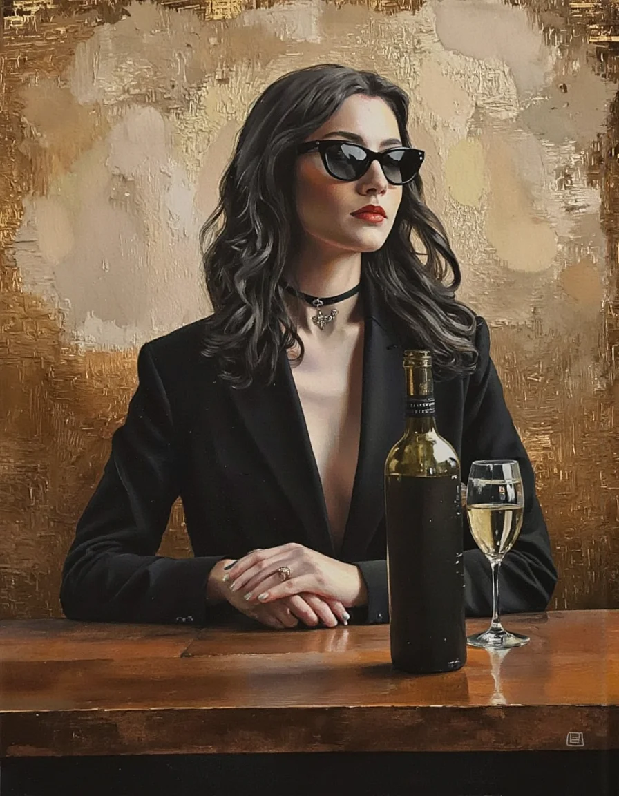 Art by Linda Delahaye. A digital painting of a woman with long black hair, wearing black sunglasses and a black blazer, sitting at a table with a bottle of wine and a glass of white wine in front of her. the woman, who appears to be in her mid-twenties, has a neutral expression and is positioned in the middle of the image, with her upper body facing the viewer. she is wearing a black choker with a cross pendant around her neck and has red lipstick on her lips. the background is a textured, abstract painting with gold and beige tones, giving the image a warm and moody atmosphere. the style is realistic with a focus on texture and detail, and the artist's signature is visible in the bottom right corner.