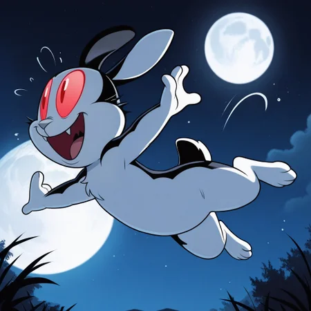 masterpiece, best quality, amazing quality, bunnicula, male, furry male, feral, solo, rabbit, black fur, white fur, two tone fur, red sclera, red eyes, fangs, grey nose, tail, paw pads, smile, open mouth, arms out, jumping in air, outdoors, night, in front of moon