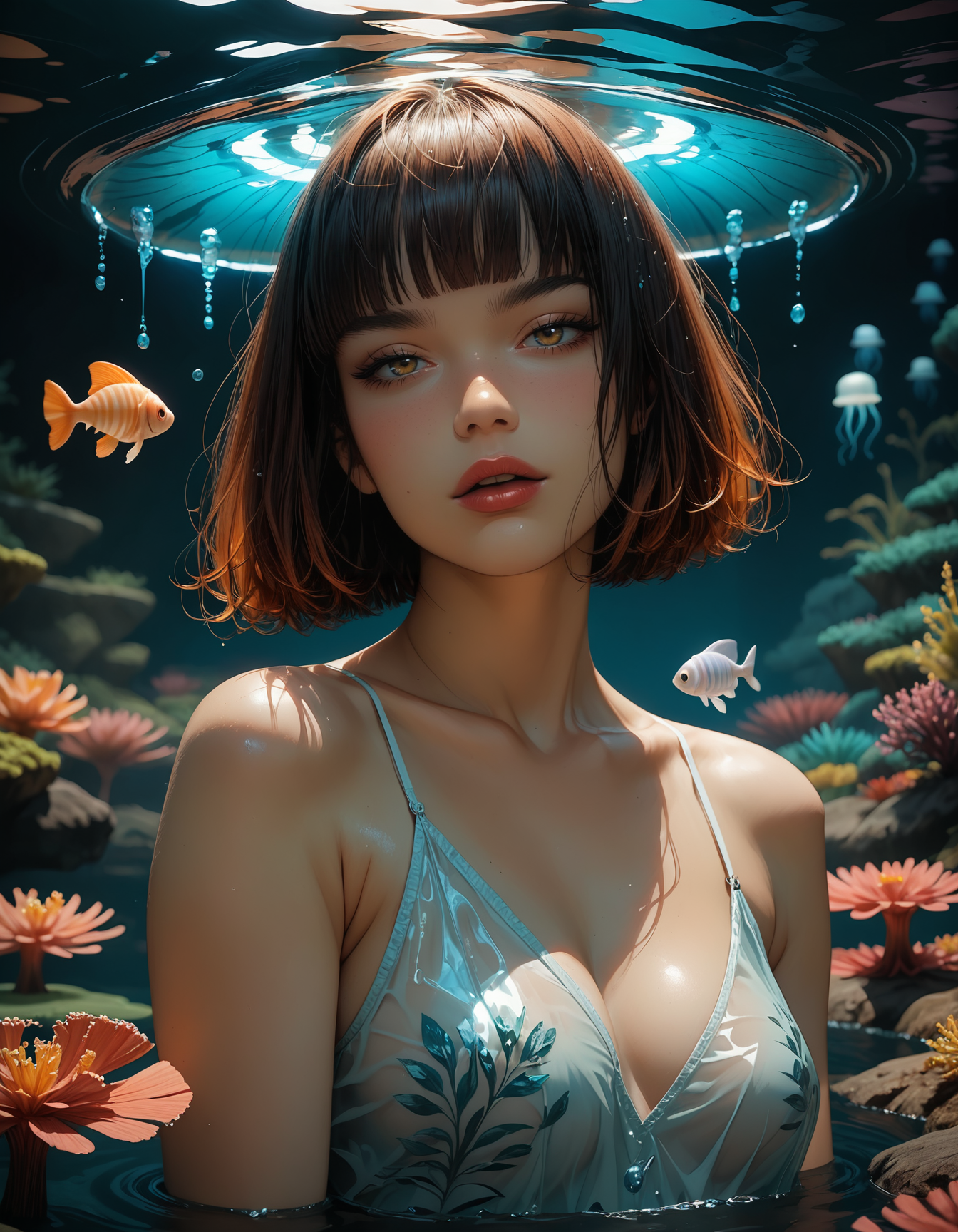 score_9, score_8_up, score_7_up, score_7, score_6_up, score_5_up, reij-nmrt, realistic, full body, a beautiful woman,25 yo, copper hair, shoulder length hair, hime cut, brown gloomy eyes, red lips, small mouth, looks like a geisha, on top of her head she wears a transparent jelly fish as hood, wears a transparent medival orange bilouminescent dress, soft tanned skin, intricate details, naturalism, hyperdetailed, hyperrealistic, view from the side, looking at viewer, hair between eyes, blurred background, posing in a coral reef under water in an under water temple, glowing jellyfish surround her, by night, scenery just belight from the glow of her dress and the jellyfish, under water scenery <lora:artstyle-000008:0.6>