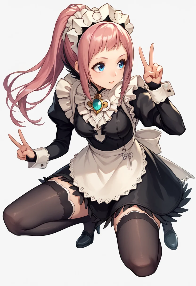 score_9, score_8_up, score_7_up, source_anime BREAK 1girl, solo, simple background, white background,
<lora:nikke-style-poses-richy-v1_pdxl:1> nikkecrouching, full body, squatting, double v, <lora:felicia-fe-richy-v1_pdxl:0.8> maid, maid headdress, brooch, pink hair, ponytail, blue eyes, black thighhighs