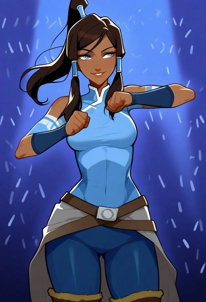 4RCH0N, Jabstyle, Expressiveh, Score_9, score_8_up, score_7_up, score_6_up, dynamic pose, KOrra, ,1 young woman, solo, femenine, blue eyes, brown eyelashes, brown hair, long hair, ponytail, dark skin, dark-skinned female, hair tubes, topknot,, tiny waist, perfect waist to hip ratio, flat stomach, eyesHD, detailed eyes, orgasmic look, smile, female focus, perfect face, perfect anatomy, perfect legs, detailed eyes, high definition eyes, most erotic picture in the world, medium breasts, firm breasts, (intricate detailing:1.6 faces & eyes & ears & nose & lips & skin & curves & shapes & body parts & anatomy),(wearing: bodysuit, red gloves, belt,knee boots), sexy, (seductive-pose:1.4), <lora:shikairo-days-dance-illustriousxl-lora-nochekaiser:1>, shikairo days dance, shikairo days dance (meme), dancing, meme, clenched hands, glowsticks, smile, cowboy shot, blank background, seductive, innocent, sharp, rating_explicit