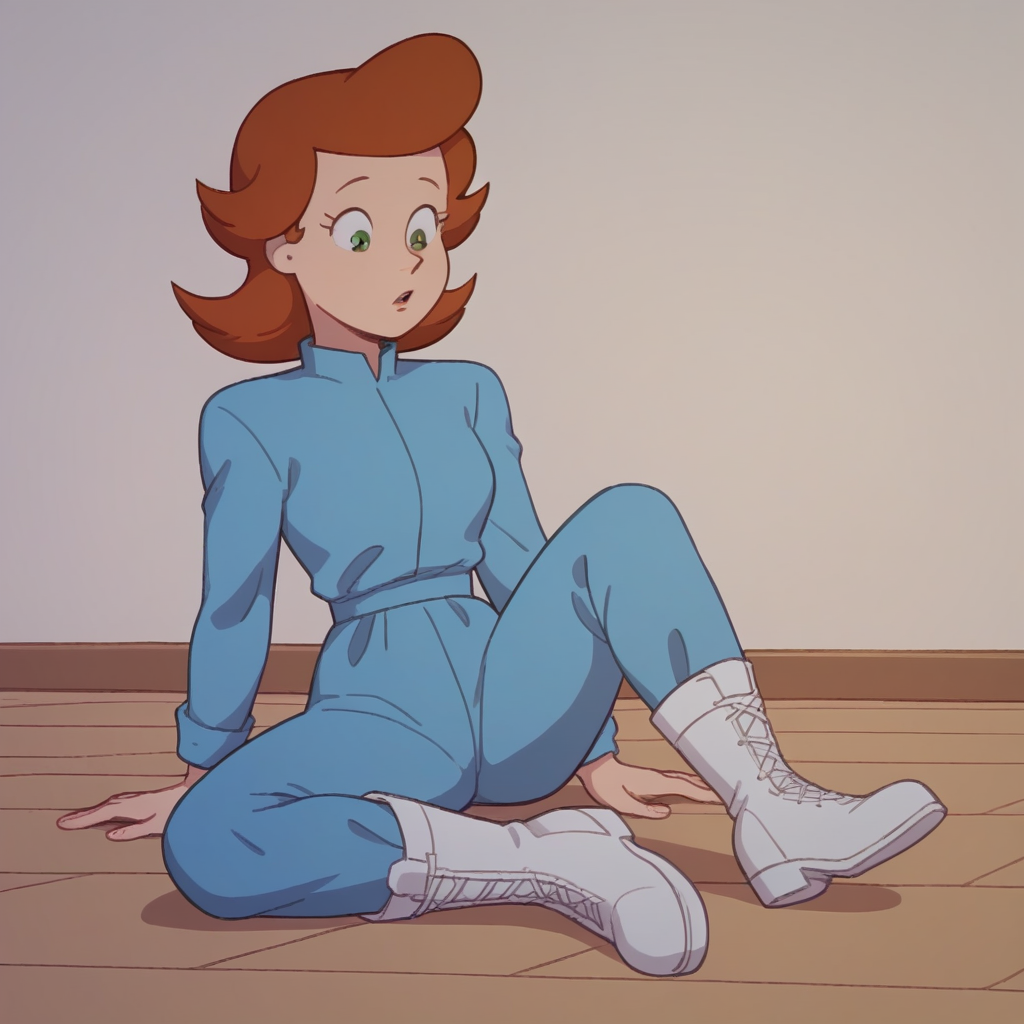 score_9_up, score_8_up, BREAK, MarthaGeneric, 1girl, solo, brown hair, short hair, green eyes, blue jumpsuit, long sleeves, white boots, sitting on floor, <lora:MarthaGeneric_PXL_Leaf1:1>, wariza,