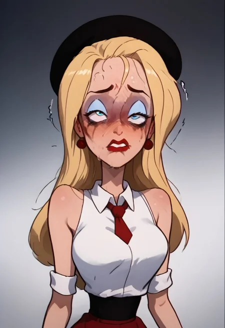 score_9, score_8_up, score_7_up, score_6_up, score_5_up,Doris Deer, 1girl, solo, blue eyes,  concussion, black beret, makeup, blue eyeshadow, green eyes, red lips, lipstick, black sleeveless sweater, collared shirt, red necktie, earrings, red skirt, black heels, Doris Deer, blonde hair, long hair, makeup, lipstick, young, skinny, narrow waist, fragile,middle breasts, seeing stars, dizzy eyes,confused, looking right, blue eyes, orange long hair, one eye higher than another, twisted mouth, messed hair, messy hair, destroyed face, destroyed body, awful skin face,  long hair, makeup, lipstick, young, skinny, narrow waist, fragile, sexy, perfect body,dynamic pose, posing,  wounds, hit herself,  selfharm, self harm, wounds on face, wounds on body, extreme amount of wounds, wounds everywhere, tired, tired af, extremely tired, tired eyes, huge amount of tireness, absolutely tired, wants to die, almost die, eternally tired, pain, feeling pain, feeling strong pain, powerless, extremely tired eyes, bags under eyes, shiners, stupid, dumb, extremely stupid, extremely dumb, no brain, brain damage, stupid blonde, extremely stupid blonde,  blue eyes, eye twitching, nervous eye twitching, extremely hard eye twitching, totally burnt hair, sexy, horny, scared, in love, extremely dirty dress, hardly beaten fifty times, confused, deeply humiliated face, depressed face