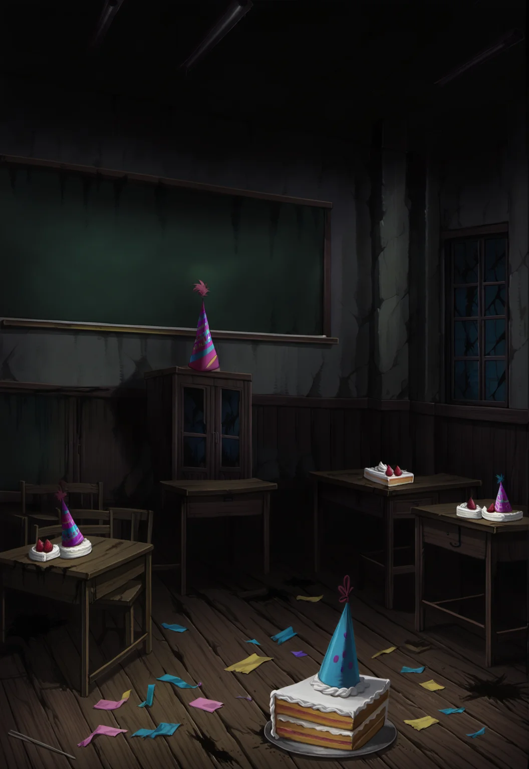 score_9, score_8_up, score_7_up, score_6_up
BREAK
(party hat,:1.6)
BREAK
(cake:1.6)
BREAK
heavenlyhost, classroom, school, wooden floor, white wall, wainscoting, window, chalkboard, dresser, school desk, school chair, corpse, podium, tile ceiling, ceiling, ceiling light, night, cupboard, horror \(theme\), night, indoors <lora:HeavenlyHostBG:1>