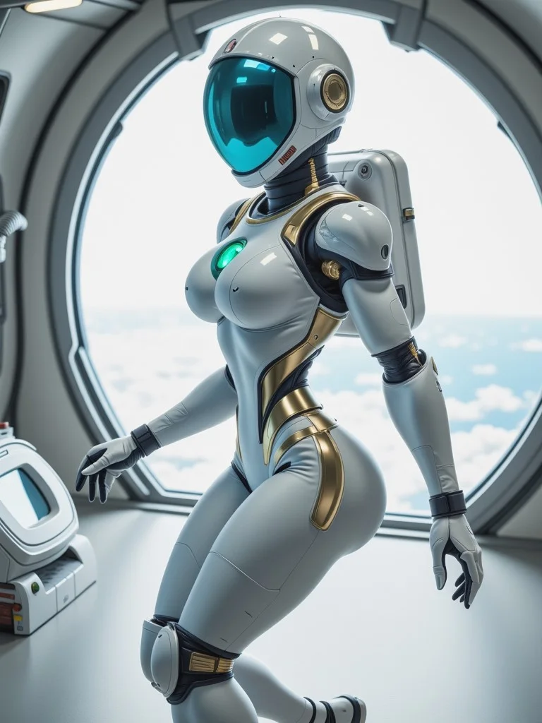 Photo of an astronaut woman floating gracefully in the zero-gravity environment of a space station. Her tiny waist is emphasized by the form-fitting design of her advanced space suit, which is predominantly white with metallic accents. Her cyan visor of her helmet reflects the inside of the space station, while her gloved hands gently touch the control panel, maintaining a serene and focused expression as she maneuvers through the station. <lora:tiny_waist_flux_v1:1.1>