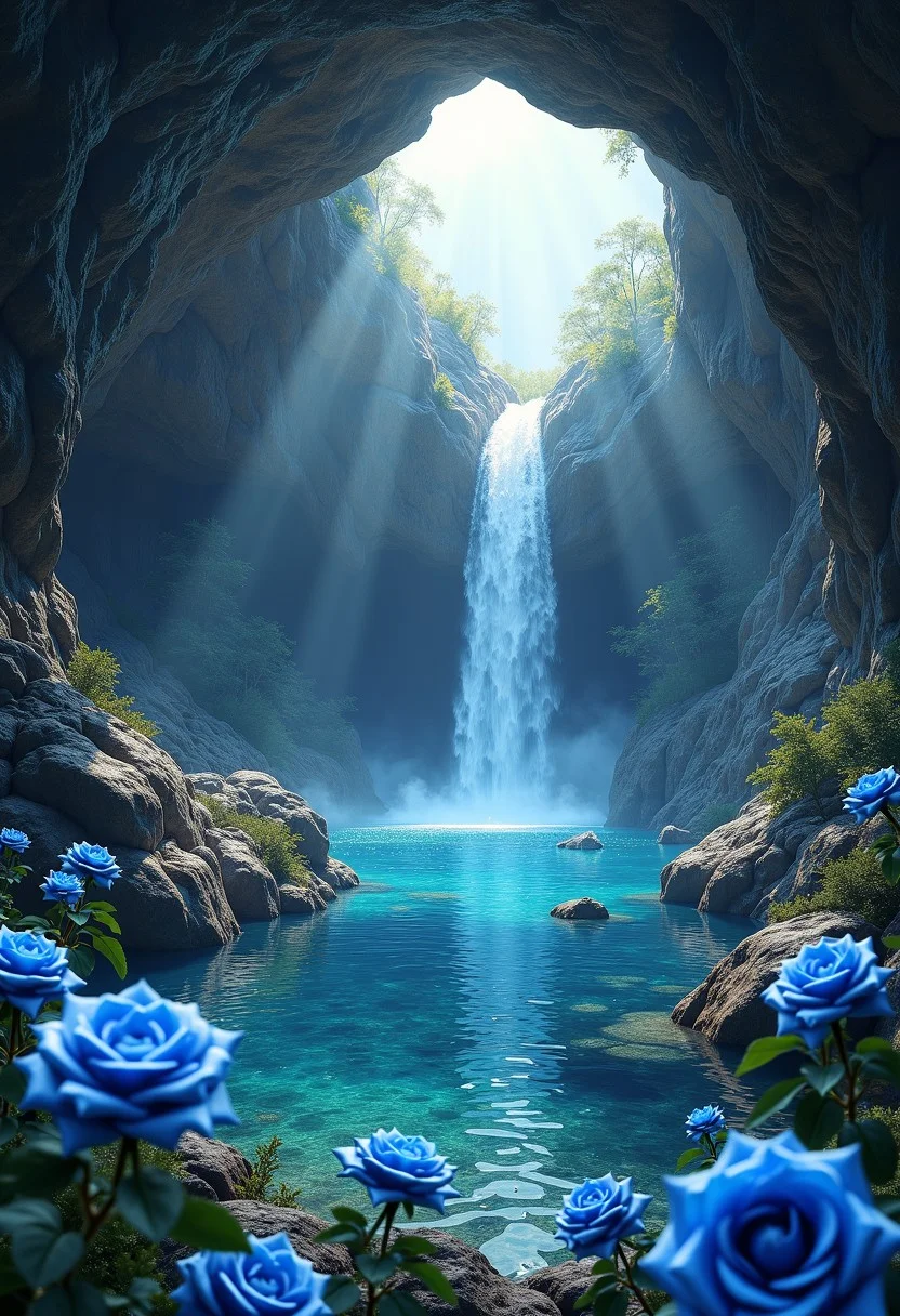 a cave surrounded by gemstones in the distance you can see a water basin with a waterfall blue roses grow by the basin the light from the gemstones with which the wall is decorated falls on the water and casts shadows on the rose petals the atmosphere of the picture is magical and warm,(masterpiece, best quality),(sharp focus:1.2),(photorealistic),(intricate details)