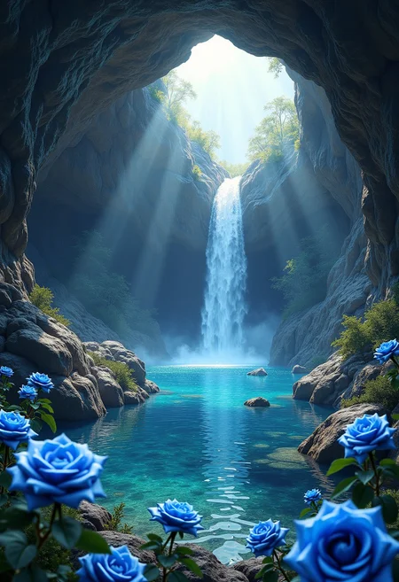 a cave surrounded by gemstones in the distance you can see a water basin with a waterfall blue roses grow by the basin the light from the gemstones with which the wall is decorated falls on the water and casts shadows on the rose petals the atmosphere of the picture is magical and warm,(masterpiece, best quality),(sharp focus:1.2),(photorealistic),(intricate details)