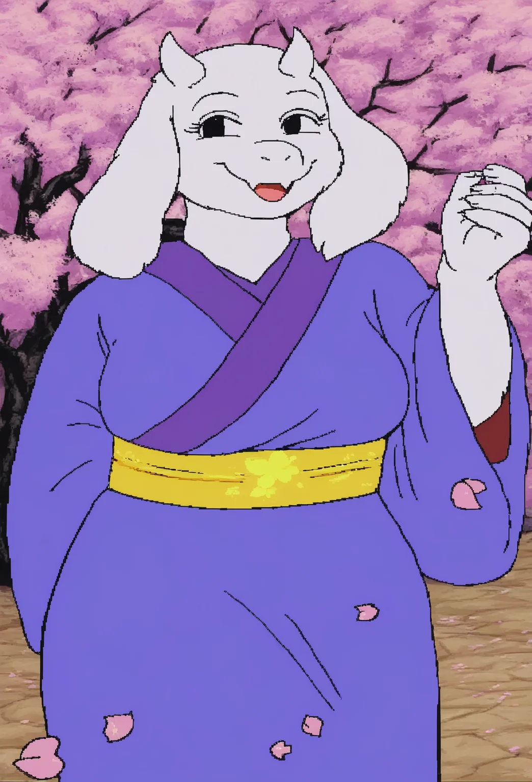 <lora:cdi-style_vpred-noobaiv10_:1>, cdi style, flat colors, undertale \(series\), toriel, boss monster \(undertale\), bovid, caprine, mammal, anthro, asian clothing, clothing, east asian clothing, female, fur, japanese clothing, kimono, petals, smile, solo, 1girl, white body, white fur, wind, outside, cherry blossom tree, cherry tree, breasts, happy,âââ