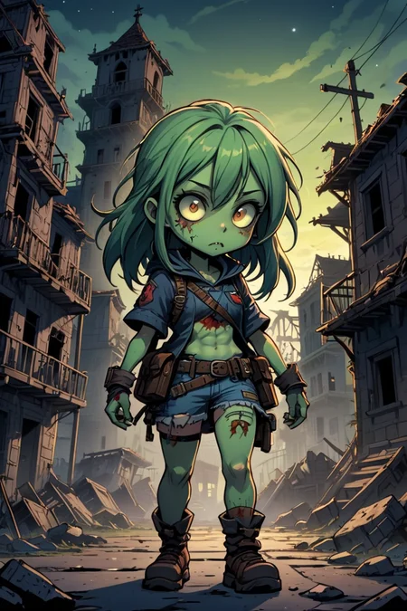 zombie girl in post apocalyptic settings, 
in front of ruined hosptial, 
night time
celestial,  cute,  adorable,  whimsical, 
2D comic illustration, 
anime fantasy, 
fine-inked Thick-outlines, 
cel-shaded, 
contour, 
mysterious, 
Dark, 
by disney,  pixar, 
Town of Salem 2, 
darkest dungeon, chibi, Emote Chibi, chibi style