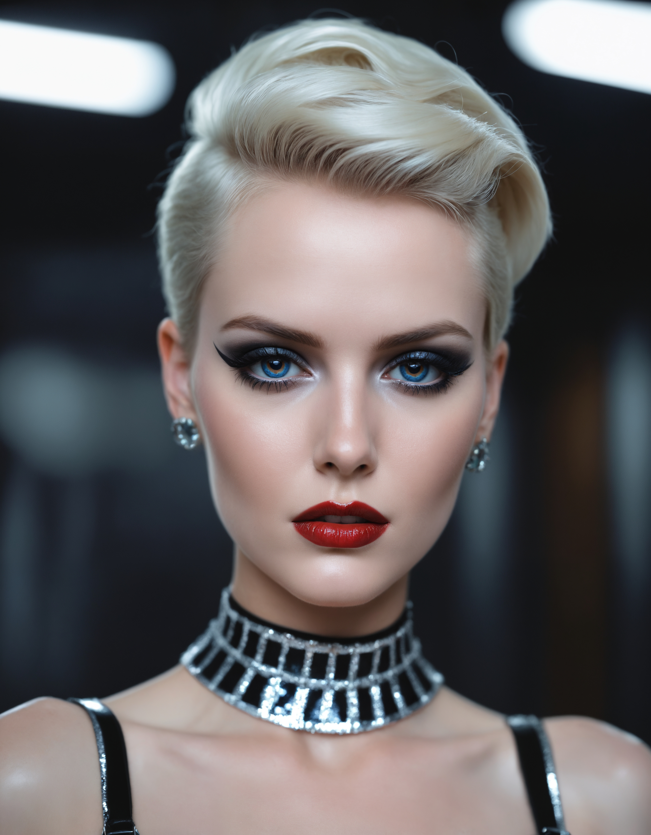 award winning photo of a 33 year old gothic woman with lipliner, Slicked Back medium length blond hair, square face, blue eyes, deep black eyeliner, intricate diamond choker, 1980s Balenciaga silver dress with diamond sparkles, black belt, beautiful legs skin, white marble hall in the background, Analog style, vhs style, 8mm film, high fashion style, chromatic aberration, 1980s style, Blade Runner Style, Dark mood, amazing quality, masterpiece, best quality, hyper detailed, ultra detailed, depth of field, 100mm f/2.8 macro lens, 