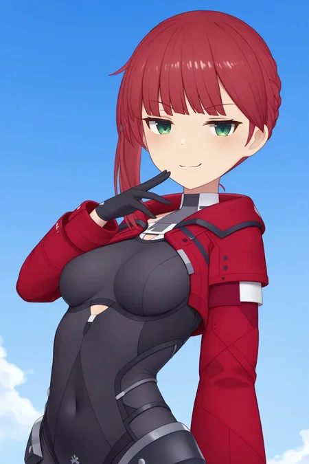 <lora:yayoisteller_ilxl:0.9>masterpiece, best quality, yayoisteller_ilxl, 1girl, solo, red hair, green eyes, smug, looking at viewer, cowboy shot, upper body, black bodysuit, blue sky, red jacket,