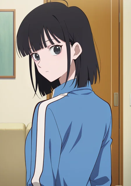 detailed background, official style,anime coloring, (anime screencap) masterpiece, detailed face,1girl <lora:Qiao (1):0.8>Qiao, solo, black hair, jacket, bangs, black eyes, looking at viewer, blue jacket, blunt bangs, upper body, track jacket, from behind, looking back, indoors, living room