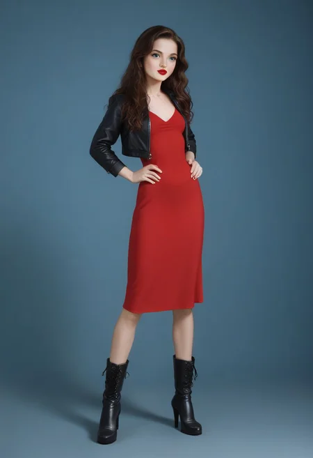 Expressiveh, red lipstick, long pony tail, (brunette 1.2), super long hair, Open white sports jacket,
Long red dress,
very high platforms boots, 9 inch heels,
small breasts, cute, adorable, innocent, petite, thin, Katie, highly detailed, perfect skin, freckles, playful look, standing facing camera, full body image,