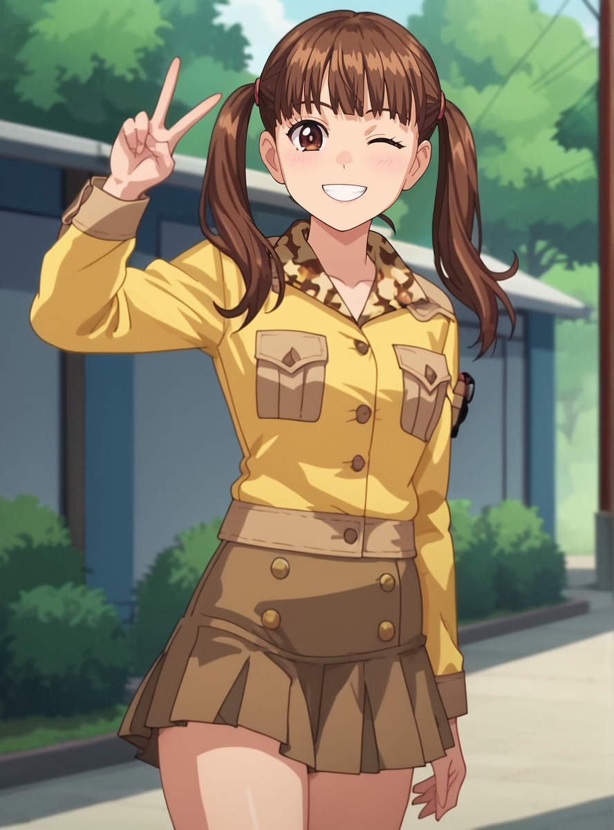 score_9, score_8_up, score_7_up, anime screencap,  anime screencap,  anime coloring,   uncensored,    <lora:natsukimamiya:0.8>natsukimamiya, 1girl, solo, twintails, skirt, brown hair, smile, looking at viewer, brown eyes, bangs, uniform, long sleeves skirt,   thick thighs,  v_sign wink