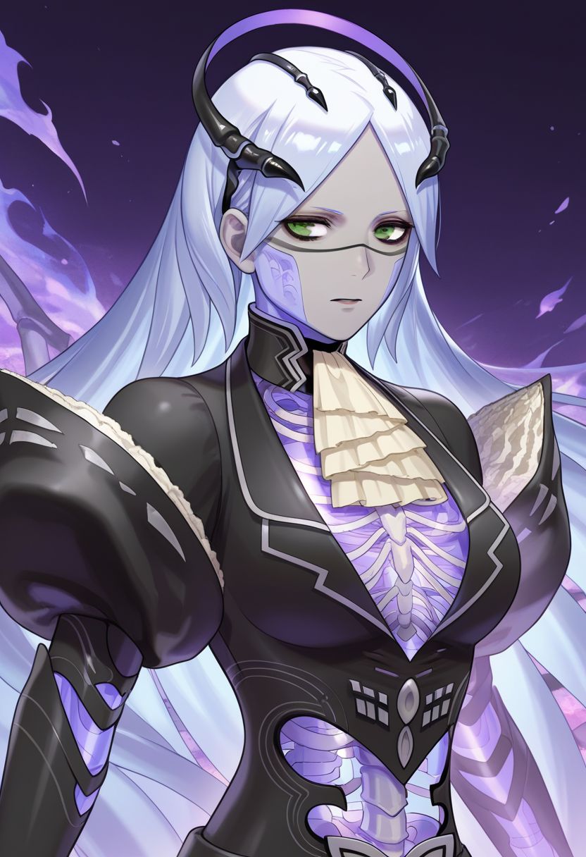 <lora:ganglot_(fire_emblem)_v1b_IL-45:1.0> ganglot_(fire_emblem), 1girl, long hair, white hair, black dress, tiara, ascot, green eyes, see-through body, see-through clothes, skeleton