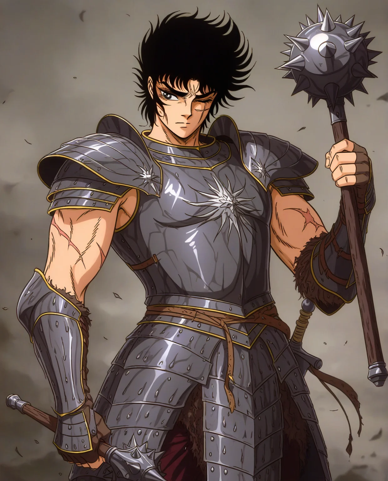 masterpiece, best quality, absurdres, zodikki1, kurumada eyes, kurumada hair, 1boy, toned male, muscular, very short hair, swept back hair, black hair, mature male, mature eyes, scar, one eye closed, holding weapon, mace, cuirass, armor