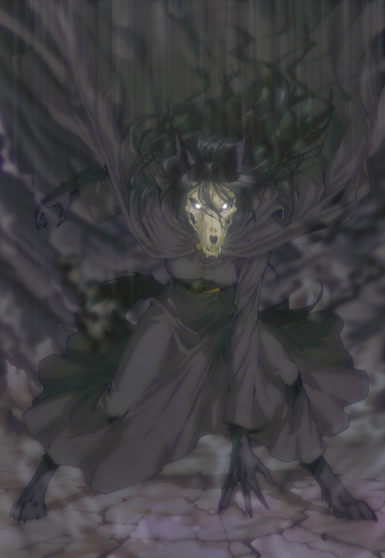 rolstyle, MaloSCP, anthro furry, furry female, body fur, black fur, head skull, white eyes, glowing eyes, black sclera, black hair, long hair, hair between eyes, animal ears, black tail, scp-1471, scp-1471-a, mal01471, black fur, canine skull, 1girl, solo, wizard, magic, robe, cloak, hood, fighting stance, dynamic pose, masterpiece, detailed, high quality, retro anime,