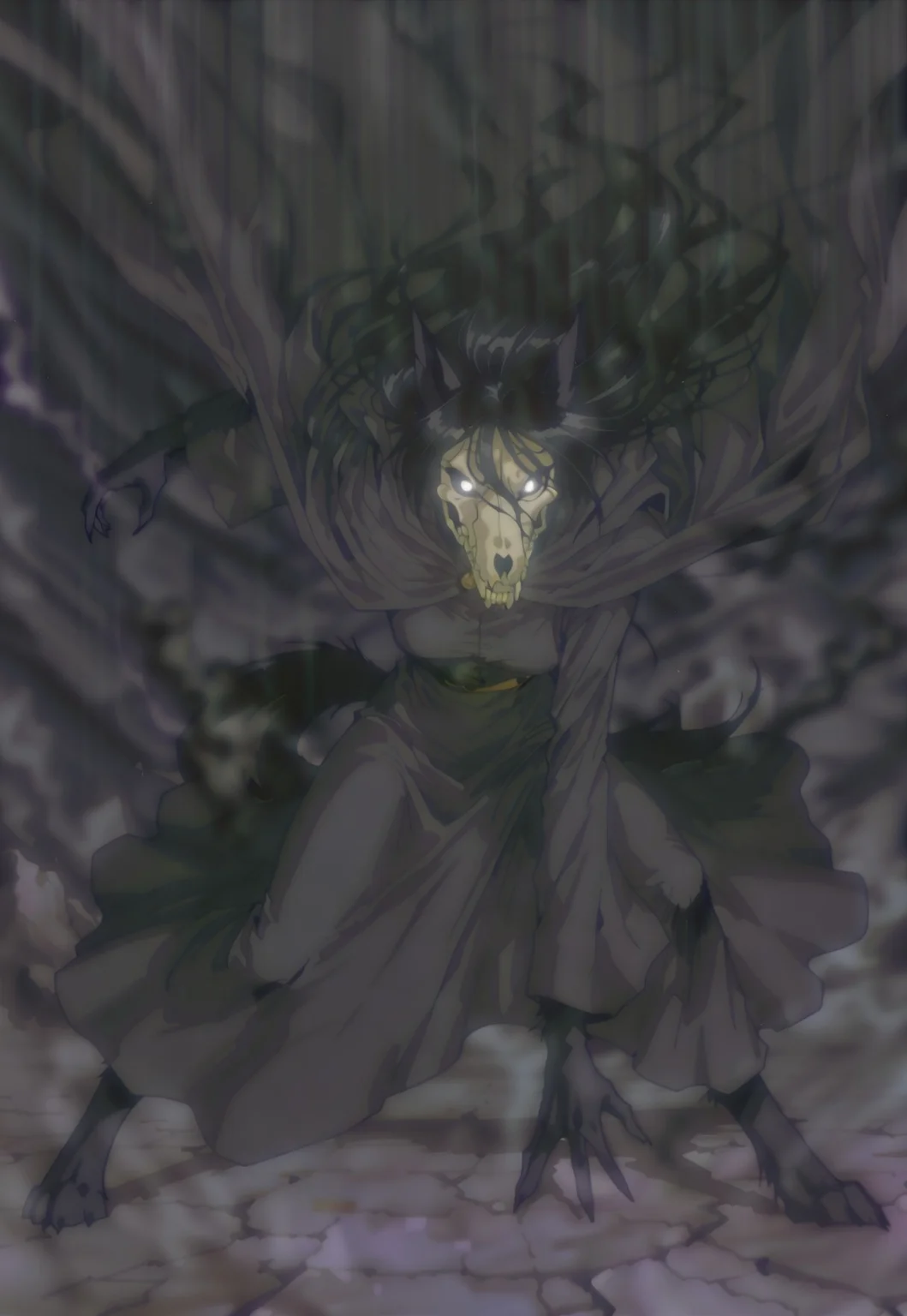 rolstyle, MaloSCP, anthro furry, furry female, body fur, black fur, head skull, white eyes, glowing eyes, black sclera, black hair, long hair, hair between eyes, animal ears, black tail, scp-1471, scp-1471-a, mal01471, black fur, canine skull, 1girl, solo, wizard, magic, robe, cloak, hood, fighting stance, dynamic pose, masterpiece, detailed, high quality, retro anime,