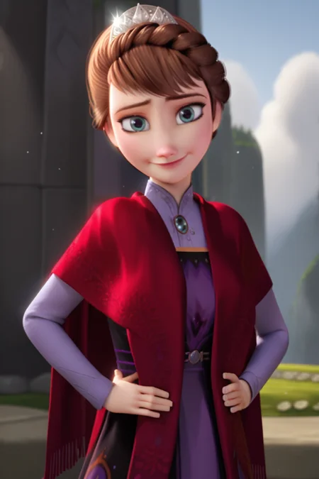score_9, score_8, score_7, 3d, queen iduna, black and purple royal dress, silver tiara, red scarf, outdoors, <lora:frozen_queenIduna_v11epoch8:1>, looking at viewer, smile, hands on own hips,