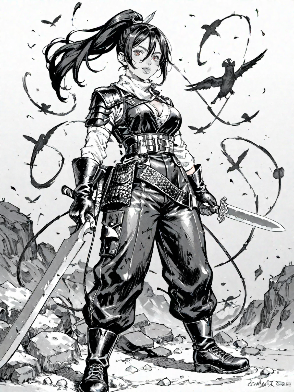 1girl armor belt black_hair breasts brown_footwear brown_pants chainmail cleavage fantasy gloves hair_between_eyes hair_over_one_eye high-waist_pants high_ponytail holding holding_knife holding_sword holding_weapon knife leather leather_gloves long_hair pants red_eyes scabbard sheath sidelocks simple_background solo sword tongue tongue_out weapon white_background
, <lora:Berserk:0.8>, score_9, score_8_up, score_7_up, zPDXL3, monochrome, greyscale