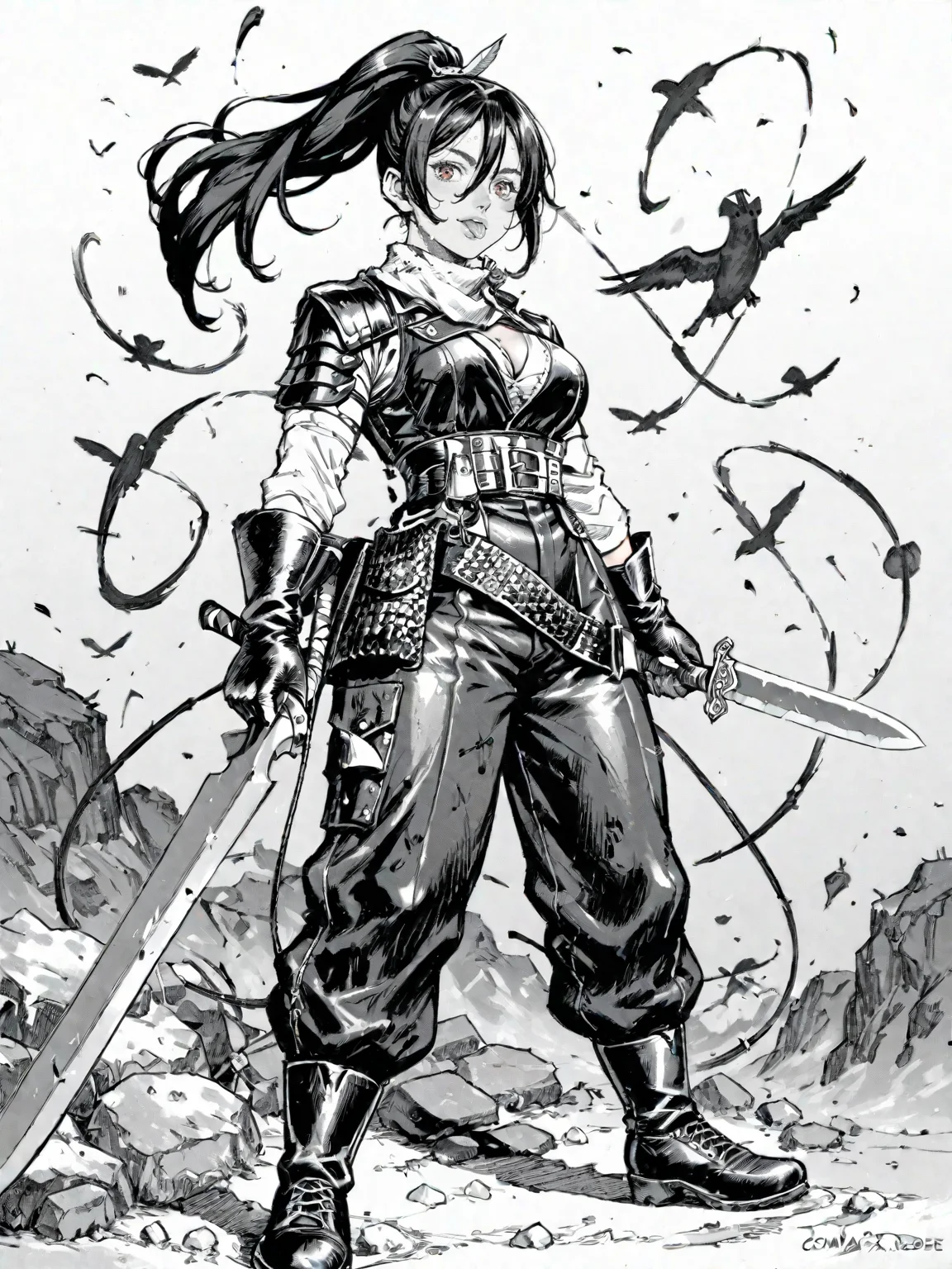 1girl armor belt black_hair breasts brown_footwear brown_pants chainmail cleavage fantasy gloves hair_between_eyes hair_over_one_eye high-waist_pants high_ponytail holding holding_knife holding_sword holding_weapon knife leather leather_gloves long_hair pants red_eyes scabbard sheath sidelocks simple_background solo sword tongue tongue_out weapon white_background
, <lora:Berserk:0.8>, score_9, score_8_up, score_7_up, zPDXL3, monochrome, greyscale
