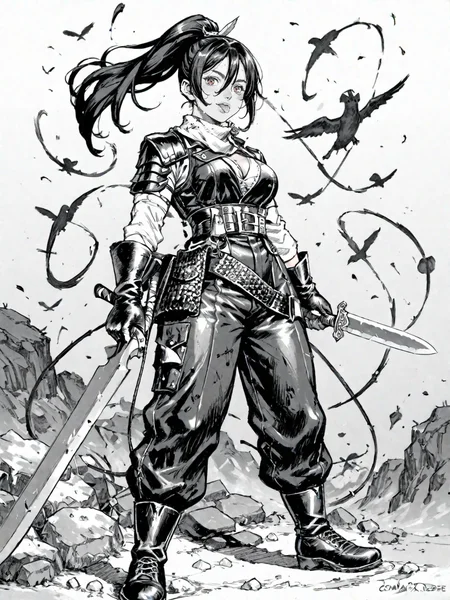 1girl armor belt black_hair breasts brown_footwear brown_pants chainmail cleavage fantasy gloves hair_between_eyes hair_over_one_eye high-waist_pants high_ponytail holding holding_knife holding_sword holding_weapon knife leather leather_gloves long_hair pants red_eyes scabbard sheath sidelocks simple_background solo sword tongue tongue_out weapon white_background
, <lora:Berserk:0.8>, score_9, score_8_up, score_7_up, zPDXL3, monochrome, greyscale
