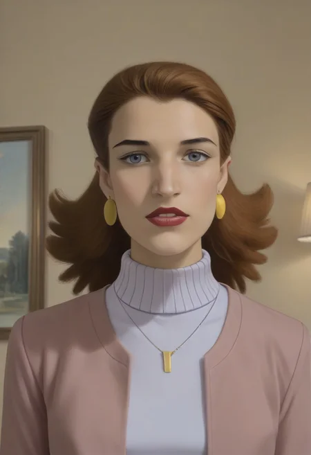 score_9, score_8_up, score_7_up, realistic photo of ktprdm, 1girl, close-up, (looking at viewer), parted lips, 1girl, slicked hair with curly ends, roman nose, grey eyes, red lips, earrings, necklace, pink blazer, purple turtleneck, by loish, masterpiece, lips parted, slim figure, petite, simple background, livingroom, side lighting, warm lights