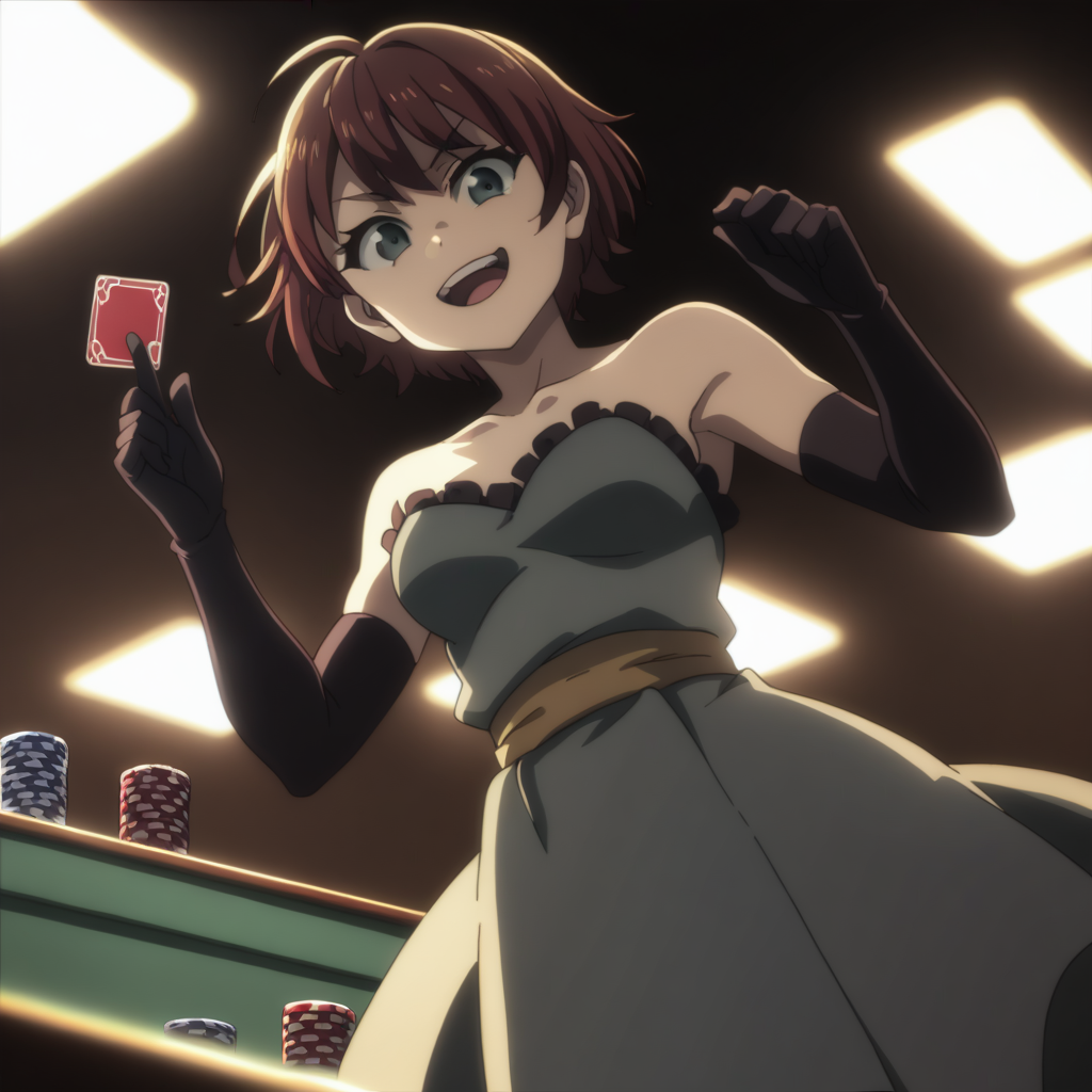score_9,  score_8_up, score_7_up, <lora:wizard-gs-ponyxl-000014:1> gswz, short hair, strapless, dress, elbow gloves,
1girl, cowboy shot, open mouth, smug, poker chip