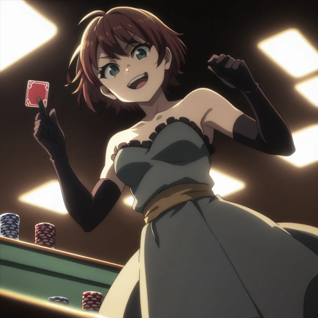 score_9,  score_8_up, score_7_up, <lora:wizard-gs-ponyxl-000014:1> gswz, short hair, strapless, dress, elbow gloves,
1girl, cowboy shot, open mouth, smug, poker chip
