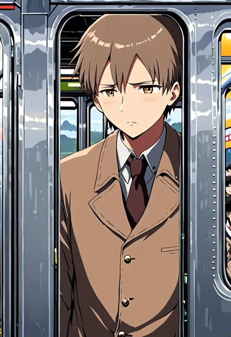 high resolution, solo, best quality, 1Boy, Takaki Toono, Brownish Hair, Brown Eyes, train, inside train, OverallDetail