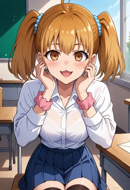 <lora:pony_good_hands:1>, <lora:Anime Style 2 SDXL_LoRA_Pony Diffusion V6 XL:0.2>, score_9, score_8_up, score_7_up, source_anime, good_hands, <lora:SulcateLycoXL:0.8>,score_9, score_8_up, score_7_up, source_anime,
ijiranaideyoshi, <lora:ijiranaide-yoshi-s1s2-ponyxl-lora-nochekaiser:1>,
yoshi, brown hair, twintails, brown eyes, ahoge,big breasts,BREAK,
1girl, solo, skirt, classroom, twintails, indoors, sitting, shirt, scrunchie, chair, socks, desk, blonde hair, white shirt, blush, school uniform, ahoge, pleated skirt, school desk, love letter, holding, school chair, black socks, :3, blue skirt, jewelry, open mouth, kneehighs, breasts, letter, hair ornament, holding envelope, long sleeves, earrings, collared shirt, holding letter, brown eyes, smile, wrist scrunchie, stud earrings, window, hair scrunchie, dress shirt, shirt tucked in, hand on own face, medium breasts, medium hair, envelope, heart