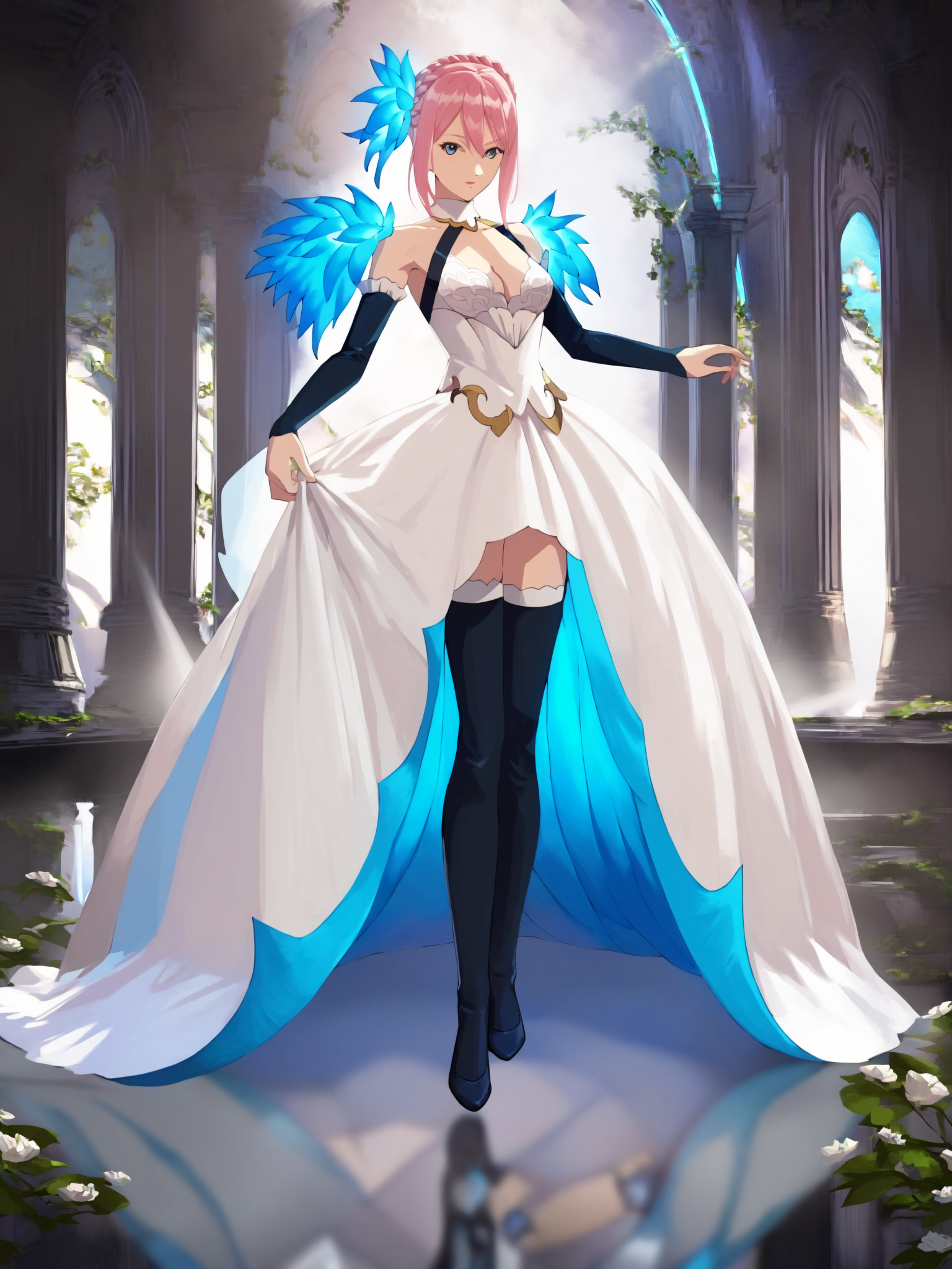 score_9, Score_8_up, Score_7_up, Score_6_up, masterpiece,  best quality, very aesthetic,  <lora:Shionne_V2:1>  15 shionne 01b weddingdress, shionne 01b, pale skin, long hair, (blue eyes), wedding dress 1girl, solo, breasts, 1Girl, hair ornament, thighhighs, dress, bare shoulders, full body, pink hair, braid, detached sleeves, black thighhighss   <lora:detailed_backgrounds_v2:0.6> scenery,