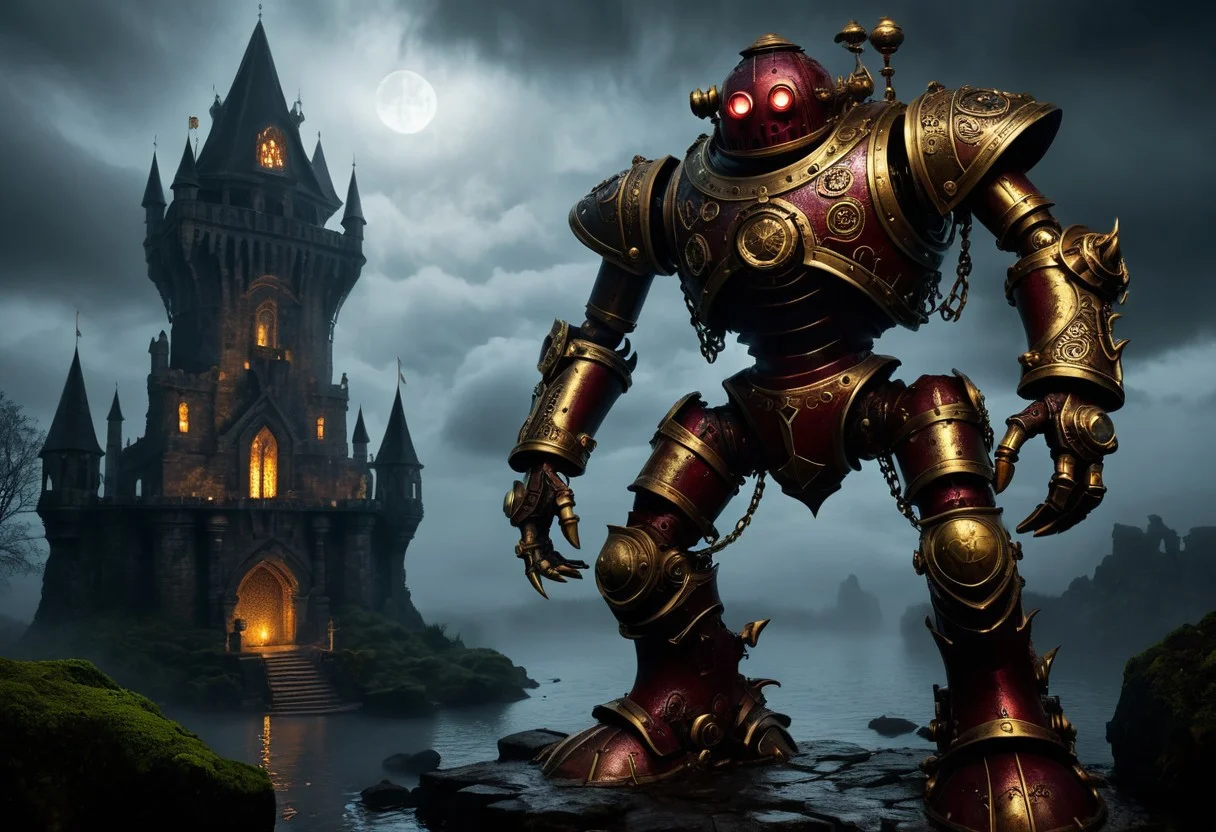 giant bipedal robot brass and dark red, bronze paisley robot. lacy robot metal. GOLD diving helmet head. outside of a steampunk keep. large detailed torso. dark image. one forty foot tall ancient robot with great arms and two heavy spring legs. dark foggy night background. $dark foggy night image only. dark photo realistic image. steampunk details. cogs, chains and pipes incorporated in the fantasy buildings. magic wizards tower in background. Dark swamp, moss, castle ruins, wizards tower. stormy dark night. stormy sky.