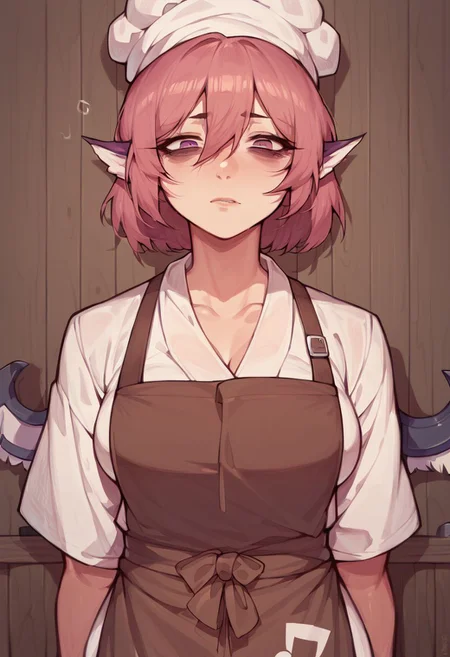 score_9, score_8_up, score_7_up, 1girl, solo, mystia, apron, chef hat, tired, bags under eyes, front view, portrait, looking at viewer