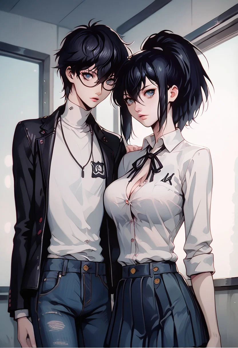 (score_9, score_8_up, score_7_up), melkor_style,
score_9, score_8_up, score_7_up, score_6_up, score_5_up, score_4_up, source_anime, high detailed, high quality, masterpiece, source_anime, high detailed, high quality, masterpiece, 1 girl, 1 boy, couple, romantic couple, straight, hetero, heterosexual, (1 boy, black eyes, black hair, hair between eyes, short hair, school uniform, frame glasses, button down shirt, tie, jacket, houdie, open jacket, blue eyes, jeans), (1 girl, momo yaoyoruzu, long hair, bob, ponytail, grey eyes pink lips, big breasts, school uniform, button down shirt, cleavage, pleated skirt, pantyhose), looking at viewer, low angle, background room, cowboy shot, anime screencap, watercolor \(medium\), traditional media, neon.
