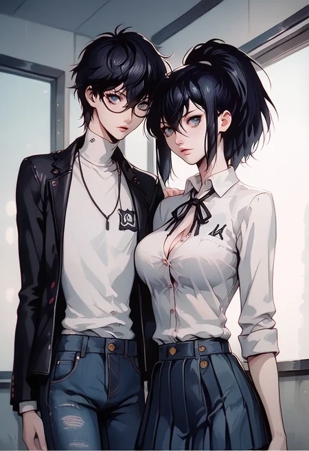 (score_9, score_8_up, score_7_up), melkor_style,
score_9, score_8_up, score_7_up, score_6_up, score_5_up, score_4_up, source_anime, high detailed, high quality, masterpiece, source_anime, high detailed, high quality, masterpiece, 1 girl, 1 boy, couple, romantic couple, straight, hetero, heterosexual, (1 boy, black eyes, black hair, hair between eyes, short hair, school uniform, frame glasses, button down shirt, tie, jacket, houdie, open jacket, blue eyes, jeans), (1 girl, momo yaoyoruzu, long hair, bob, ponytail, grey eyes pink lips, big breasts, school uniform, button down shirt, cleavage, pleated skirt, pantyhose), looking at viewer, low angle, background room, cowboy shot, anime screencap, watercolor \(medium\), traditional media, neon.