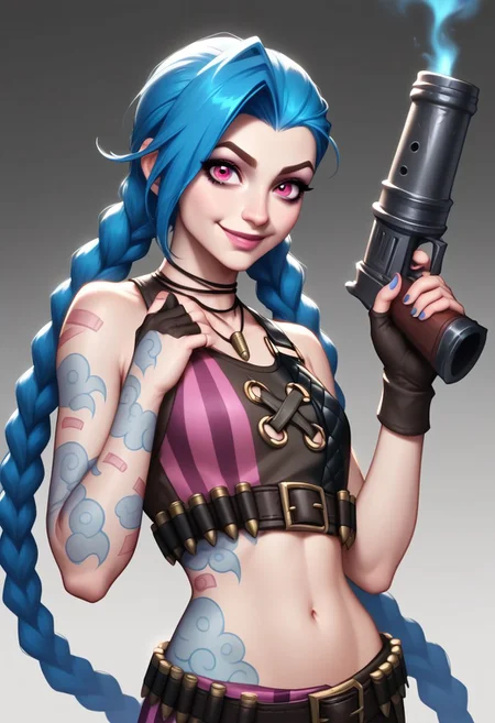 score_9,score_8_up,score_7_up,<lora:league_of_legends_pony:1>,fingerless_gloves, cloud_tattoo, closed_mouth, 1girl, absurdres, highres, solo, arm_tattoo, brown_gloves, holding_gun, jinx_\(league_of_legends\), twin_braids, smile, gradient_background, brown_shirt, bare_shoulders, hand_up, crop_top