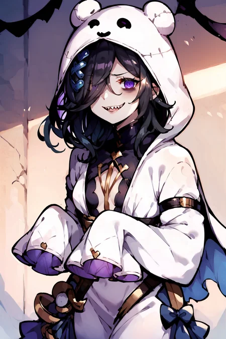 score_9, score_8_up, score_7_up, score_6_up, score_5_up, source anime, solo, 1girl, lich \(granblue_fantasy\), (hlich), hood up, small breasts, white robe, hair over one eye, purple eye, cowboy shot, sharp teeth, smile, looking at viewer, realistic background, lounge, indoors, thin arms, narrow shoulders, petite, long hair, black hair , long hair, hair ornament, <lora:Halloween_Lich_Granblue_Fantasy15:0.8> 1girl, <lora:VividPonyXL:0.8> <lora:hand 4:0.6> , Hand, hands, perfect hands,