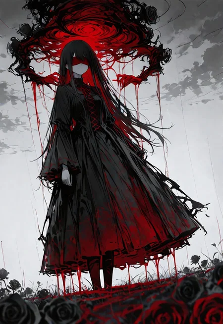 (dutch angle) a sorrowful anime girl, with a red silk blindfold, standing in a field of black roses, stormy sky overhead, wind tousling her long hair and tattered gothic dress, emotional expression, dramatic lighting, cinematic atmosphere, monochrome tones with red accents, high detail, sharp focus, anime style, depth of field, volumetric light, masterpiece, best quality
, r17329_illu,