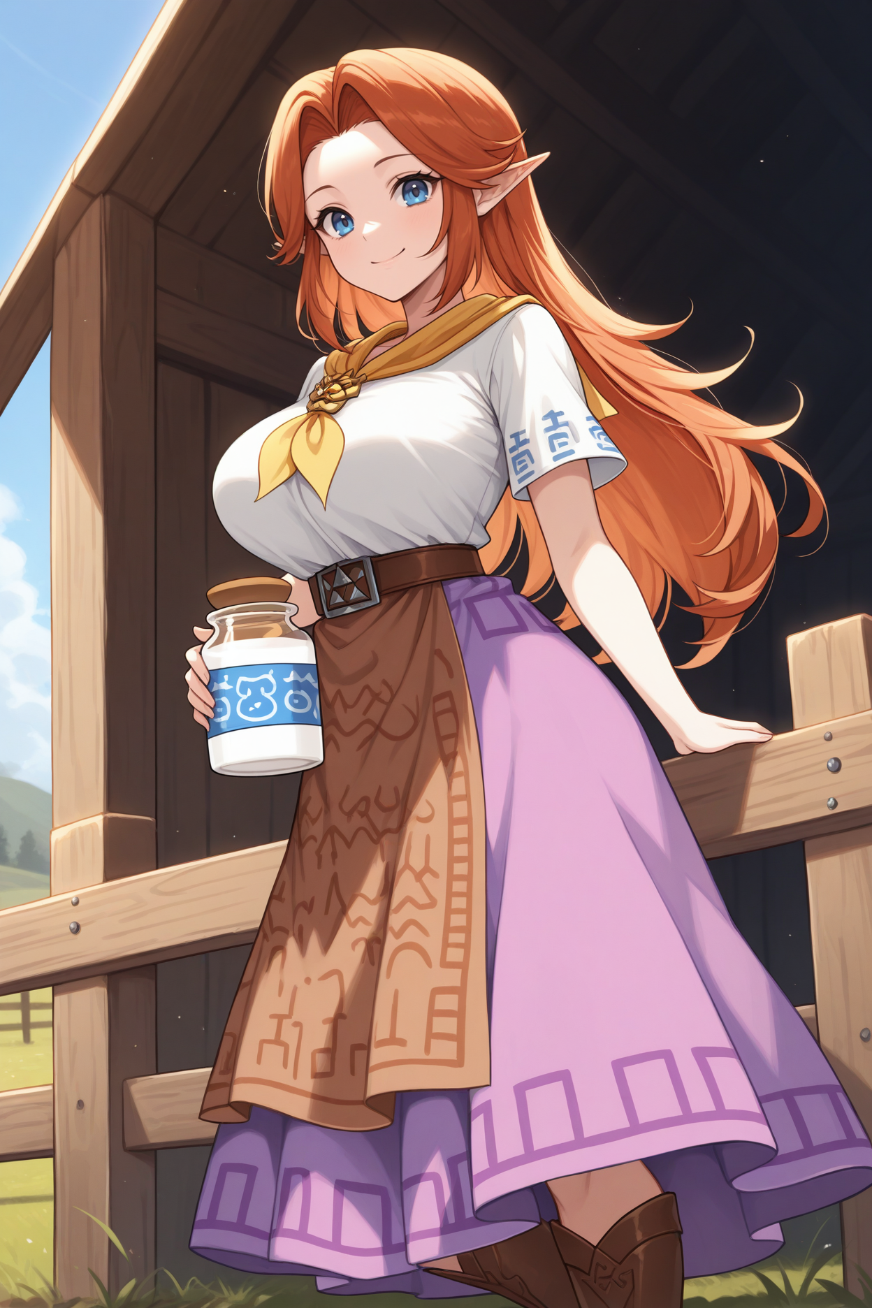 masterpiece, best quality, 1girl, solo,  <lora:malon-illu-nvwls-v1:1> mal0n, auburn hair, long hair, pointy ears, blue eyes, yellow neckerchief, gold brooch, white shirt, short sleeves, brown belt, long skirt, purple skirt, brown apron, brown boots, large breasts, full body, holding jar of milk, smile, fence, blue sky, barn, looking at viewer
