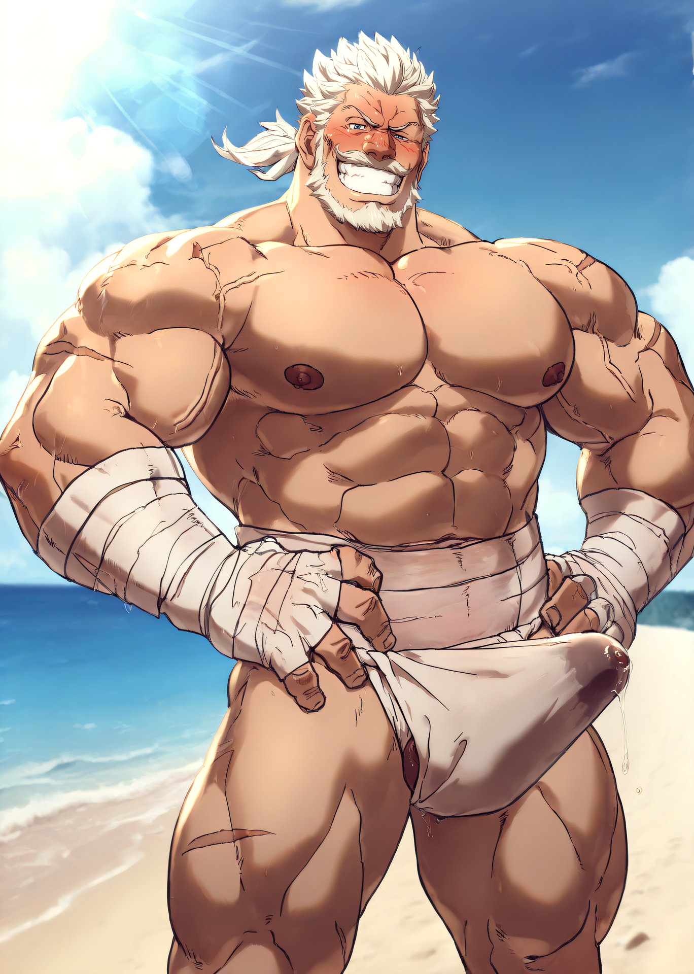 <lora:cfg_scale_boost:0.7>, <lora:-Konohanaya:0.6>, <lora:zoroj_IL_2:0.1>, masterpiece, best quality, amazing quality, 1boy, bara, muscular, <lora:Soriz_V2:1>, s0riz, midriff sarashi, fundoshi, bandaged arm, bandaged leg, erection under clothes, pre cum, hand on hip, flex, nose blush, looking at viewer, grin, outdoors, beach, sunlight