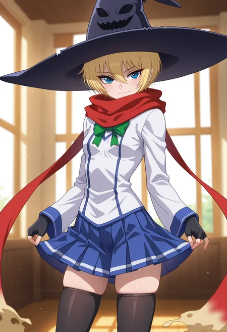 masterpiece, best quality, amazing quality, 1girl, solo, cowboy shot, lilyww, blue eyes, tsurime, blonde hair, short hair, hair between eyes, small breasts, school uniform, witch hat, red scarf, white school shirt, green breasts bow, long sleeves, black fingerless gloves, blue pleated skirt, zettai ryouiki, black thighhighs, looking at viewer, smile, indoors, day, skindentation, detailed clothing folds, depth of field, sharp, high contrast, dynamic light <lora:Lily_Shiraishi_Ichiban_Ushiro_no_Daimaou_ill:0.9>