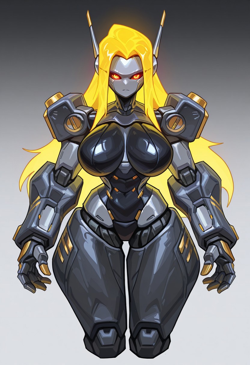 reagan_long, solo, 1girl, large breasts, robot_girl, large robotic arms, large robotic hands, large robotic legs, large robotic feet, robot shoulders, robot armor, metalic skin, glowing hair, long hair, glowing eyes, robot antenna ears, cowboy_shot, cropped legs