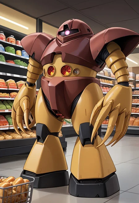 score_9, score_8_up, score_7_up, source_anime, front view, BREAK, ( gogg, pink monoeye, from side, looking at viewer, long claws) 1mech, shoulders, shoulder armor, mech focus, solo, BREAK, two arms, in grocery store, grabbing food, pushing shopping cart, dairy section, holding cheese,