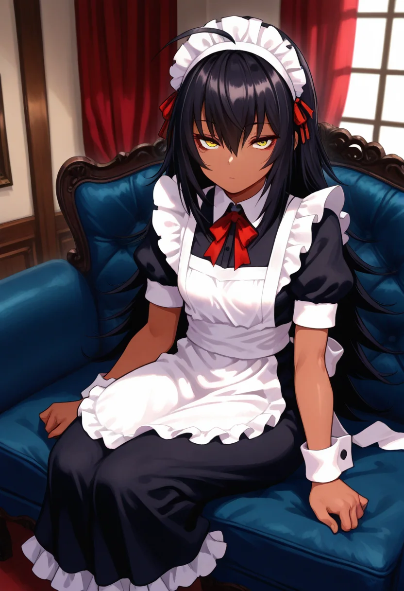 masterpiece, best quality, amazing quality, 1girl, solo, hatiww, dark skin, dark-skinned female, yellow eyes, black hair, long hair, hair between eyes, ahoge, small breasts, maid clothes, maid, black dress, frilled dress, (long dress:1.2), frills, white puffy short sleeves, wrist cuffs, maid headdress, maid aprons, <lora:Hati_Mori_o_Mamoru_Ookami_Shoujo_ga_ill_v12:0.9>, sitting, legs together, narrowed eyes, expressionless, looking at viewer, skindentation, detailed clothing folds, depth of field, sharp, high contrast, dynamic light