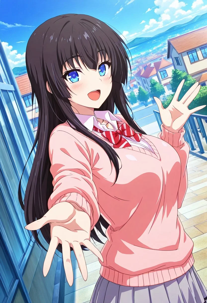 general,highres, ultra-detailed,very aesthetic,best quality ,best hands,best eyes,easynegative,
dynamic anglre, dutch angle, anime cloring,
1girl solo,looking at viewer,town,outdoors,smile,open mouth,waving hand,
Kanna Miyanoue,black_hair, long_hair, blue_eyes,large_breasts,school uniform,