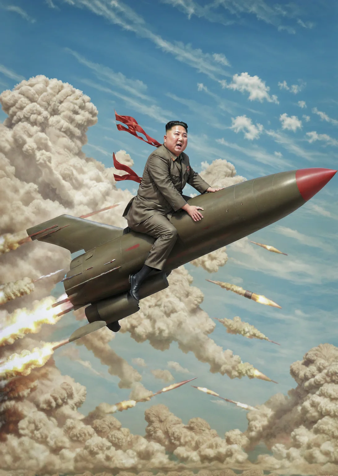 Kim Jong Un riding a missile through the sky rocketride, <lora:RocketRide:0.8>