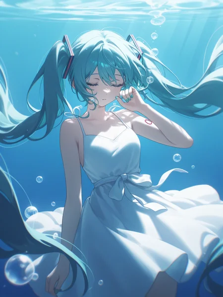1girl, solo, underwater, dress, long hair, closed eyes, hatsune miku, white dress, bubble, air bubble, aqua nails, twintails, hand up, sleeveless, sleeveless dress, konya karasue
,masterpiece,best quality,newest,