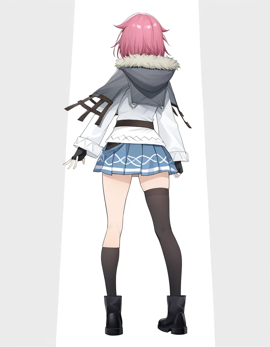 <lora:xialuo_noob:1>,xialuo,1girl,solo,skirt,thighhighs,from behind,fur trim,jacket,single thighhigh,asymmetrical legwear,fingerless gloves,gloves,fur-trimmed jacket,short hair,white background,socks,pleated skirt,uneven legwear,full body,
masterpiece,best quality,very aesthetic,absurdres,