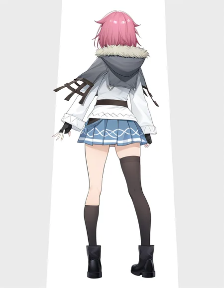 <lora:xialuo_noob:1>,xialuo,1girl,solo,skirt,thighhighs,from behind,fur trim,jacket,single thighhigh,asymmetrical legwear,fingerless gloves,gloves,fur-trimmed jacket,short hair,white background,socks,pleated skirt,uneven legwear,full body,
masterpiece,best quality,very aesthetic,absurdres,